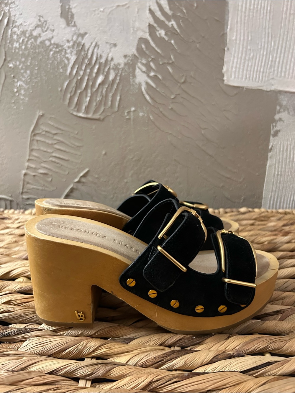 Veronica Beard Black Suede Halifax Platform Clog Sandals with Gold Hardware 6M